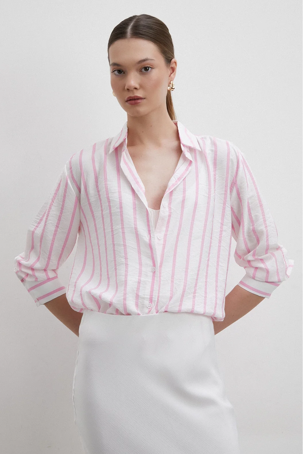 V Neck Striped Modal Shirt Pink