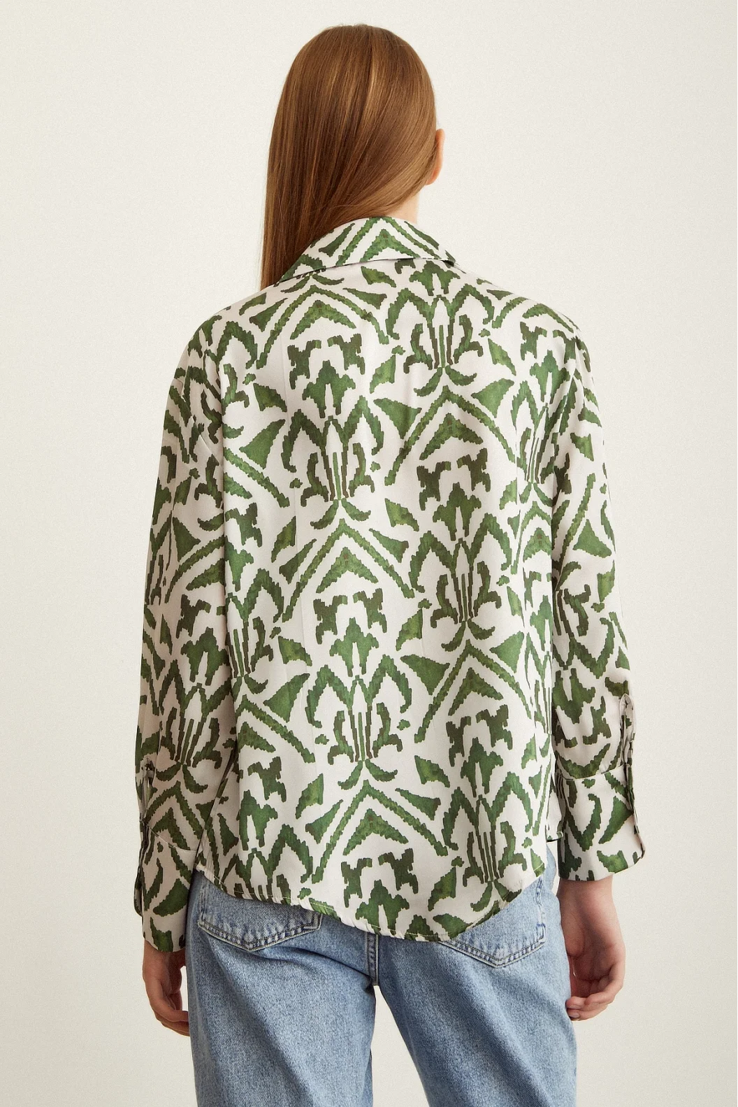 V Neck Patterned Satin Shirt Khaki