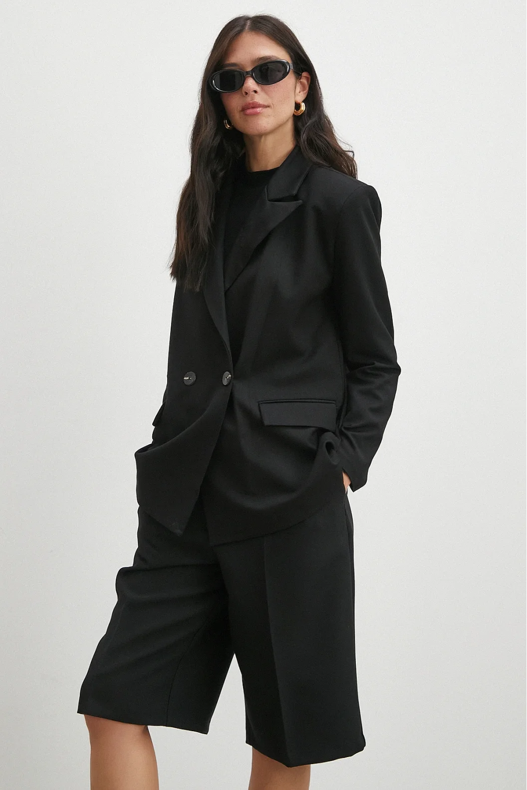 Çift Dügmeli Cep Kapaklı Blazer Ceket Siyah
