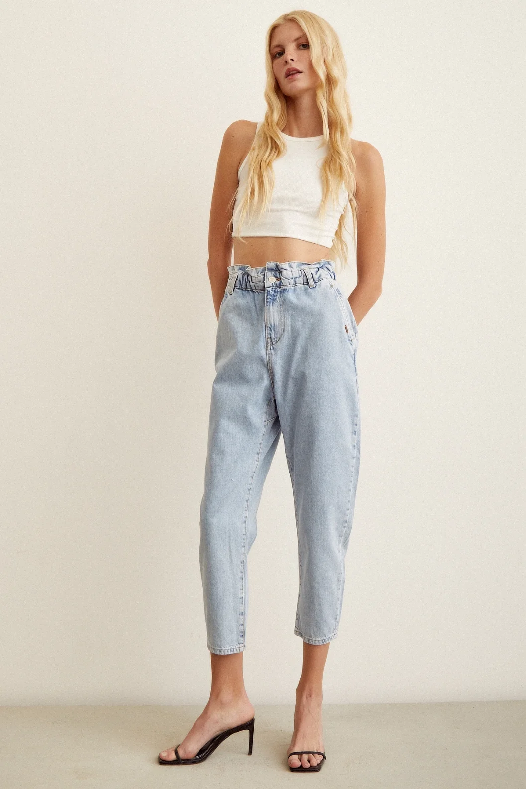 Elastischer Bund Mom Jeans Eisblau