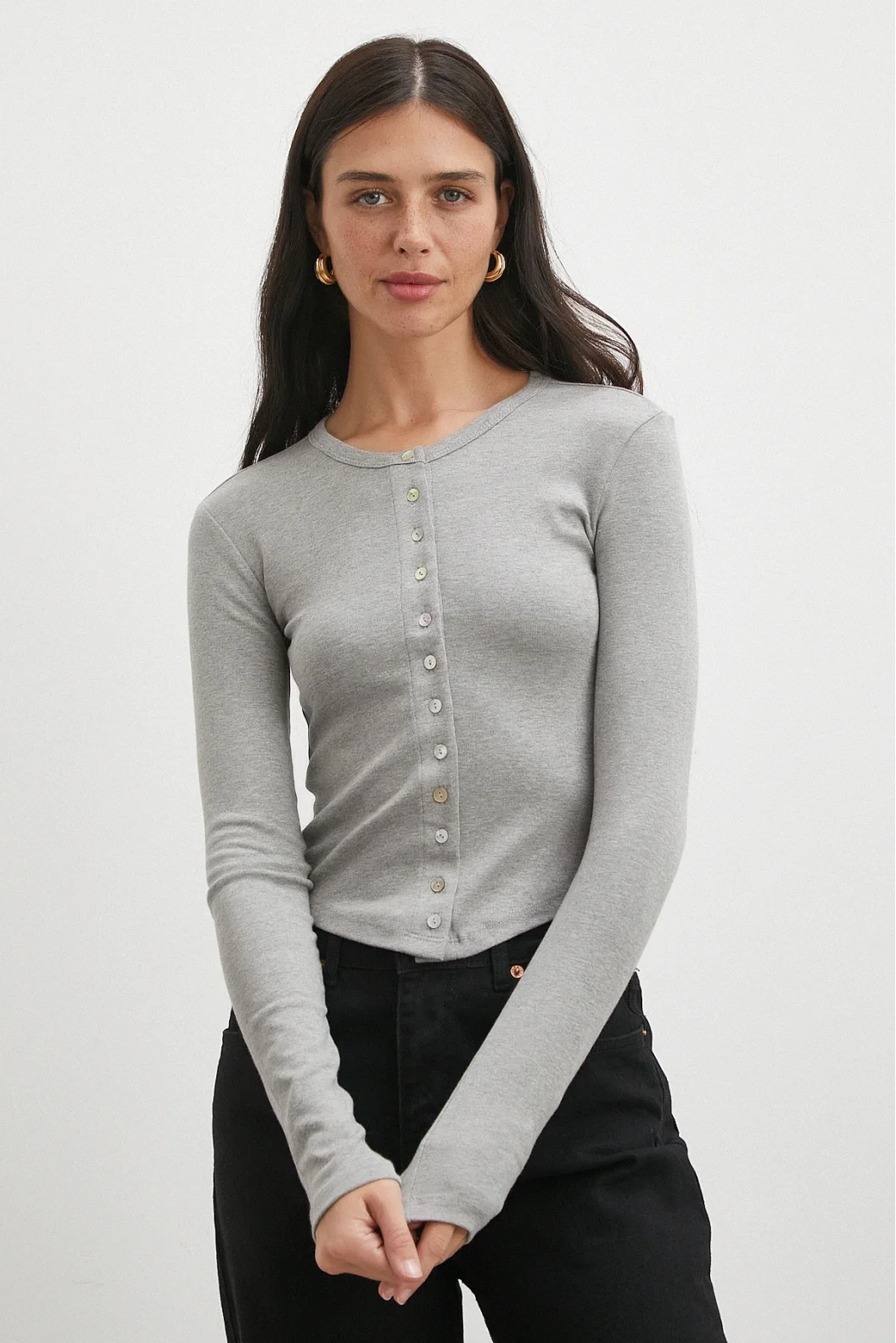 Düğmeli Uzun Kol Bluz Gri