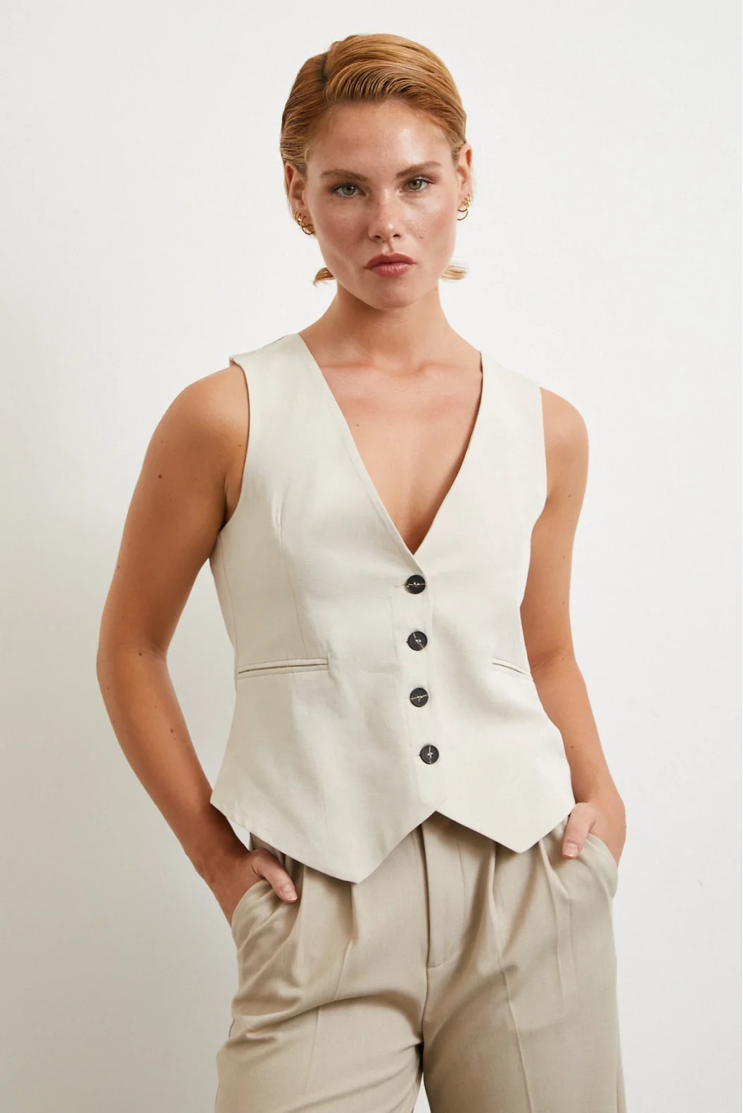 Cep Kapaklı Keten Yelek Krem