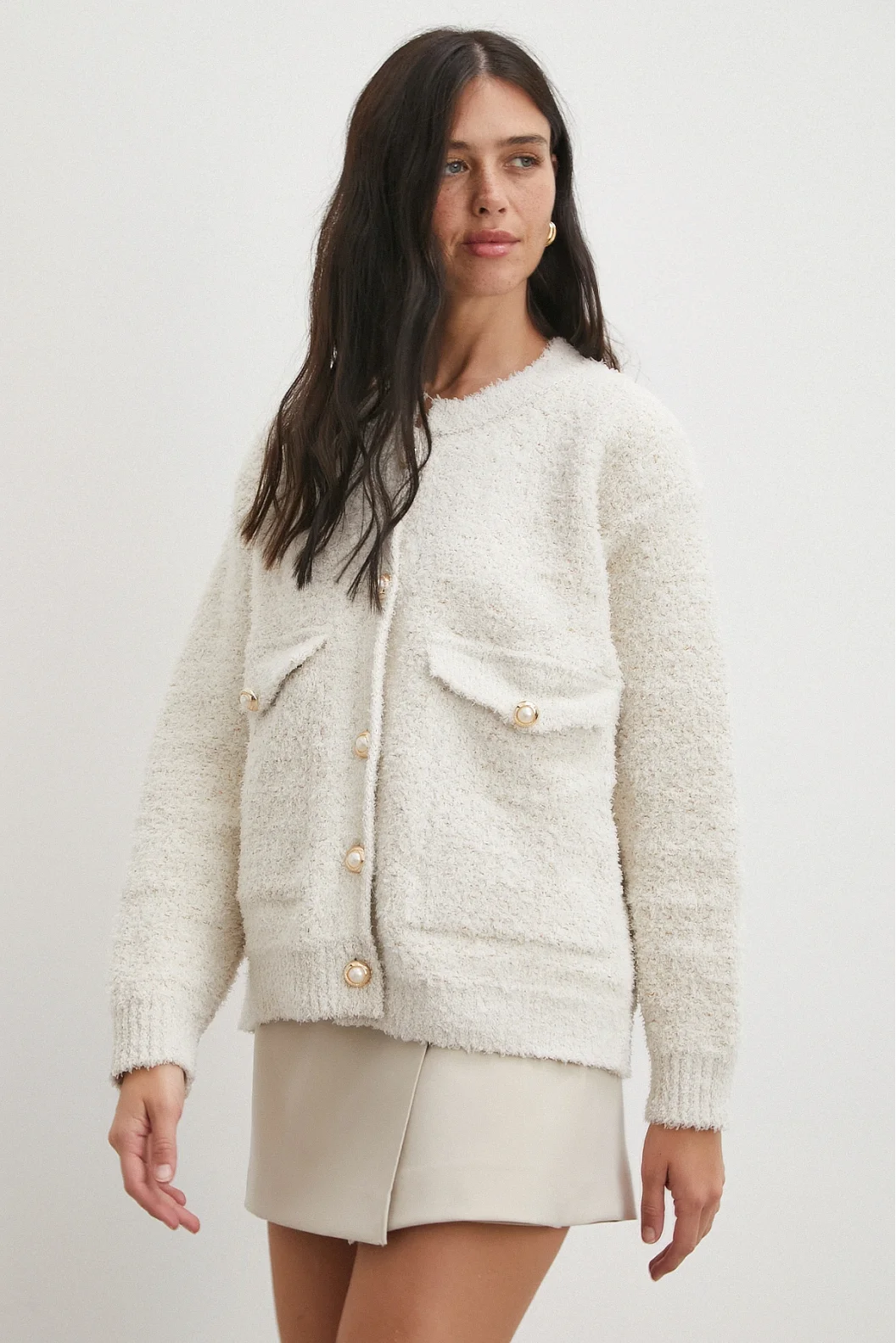 Cepli Düğmeli Simli Hırka Ekru