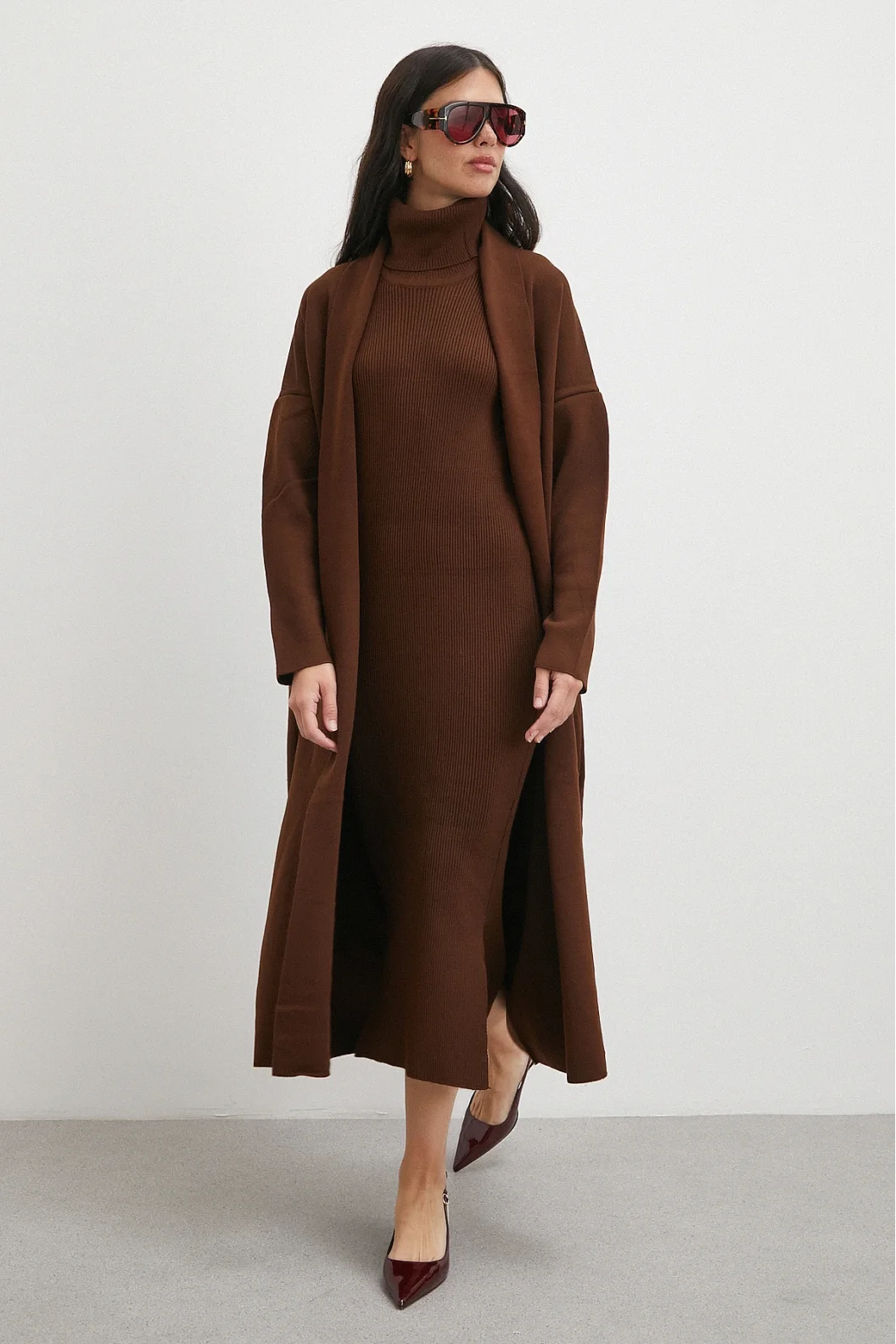 Uzun Elbiseli Hırka Triko Takım Kahve
