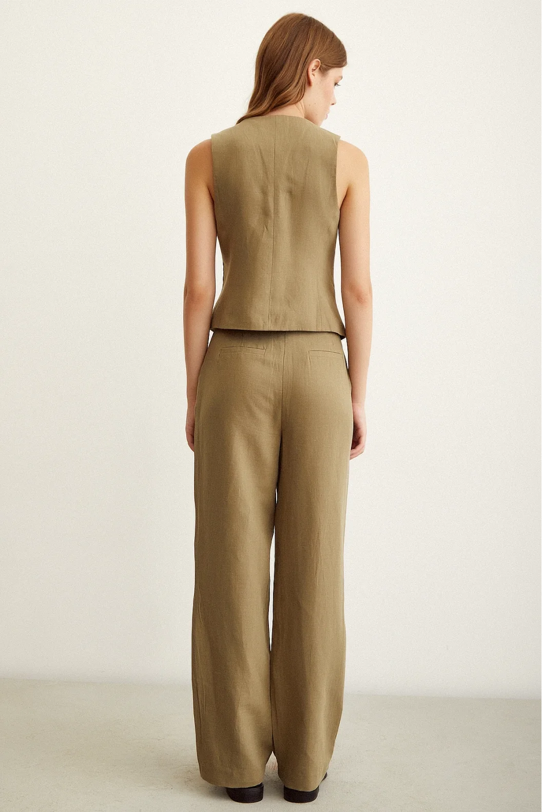 High Waist Linen Trousers Khaki