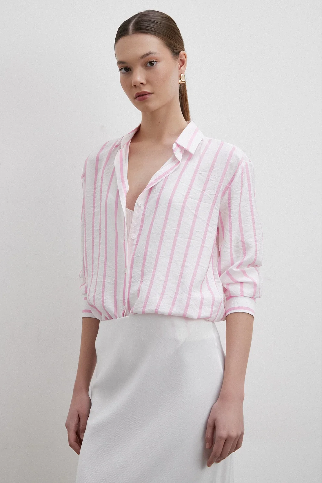 V Neck Striped Modal Shirt Pink