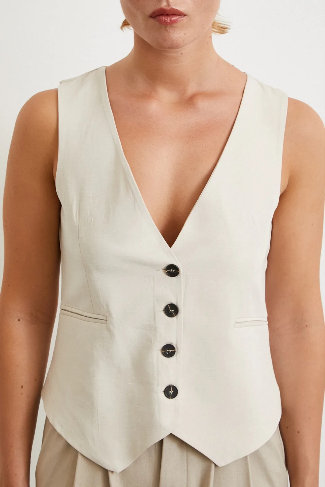 Cep Kapaklı Keten Yelek Krem