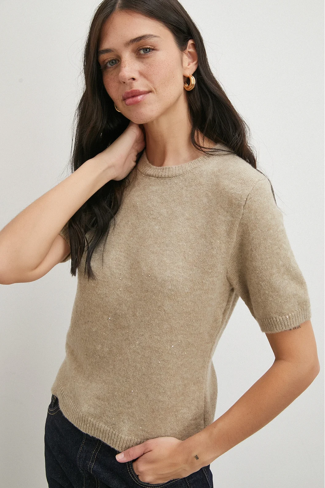 Simli Kısa Kol Kazak Vizon