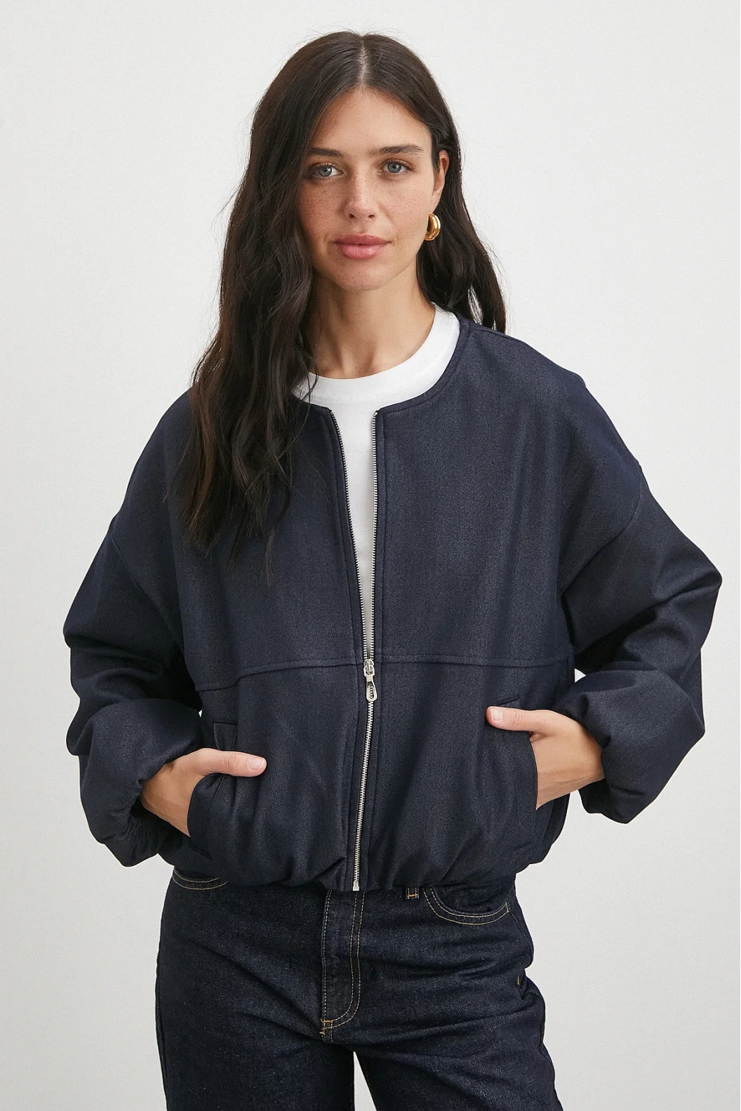 Beli Lastikli Fermuarlı Denim Görünümlü Bomber Ceket Lacivert