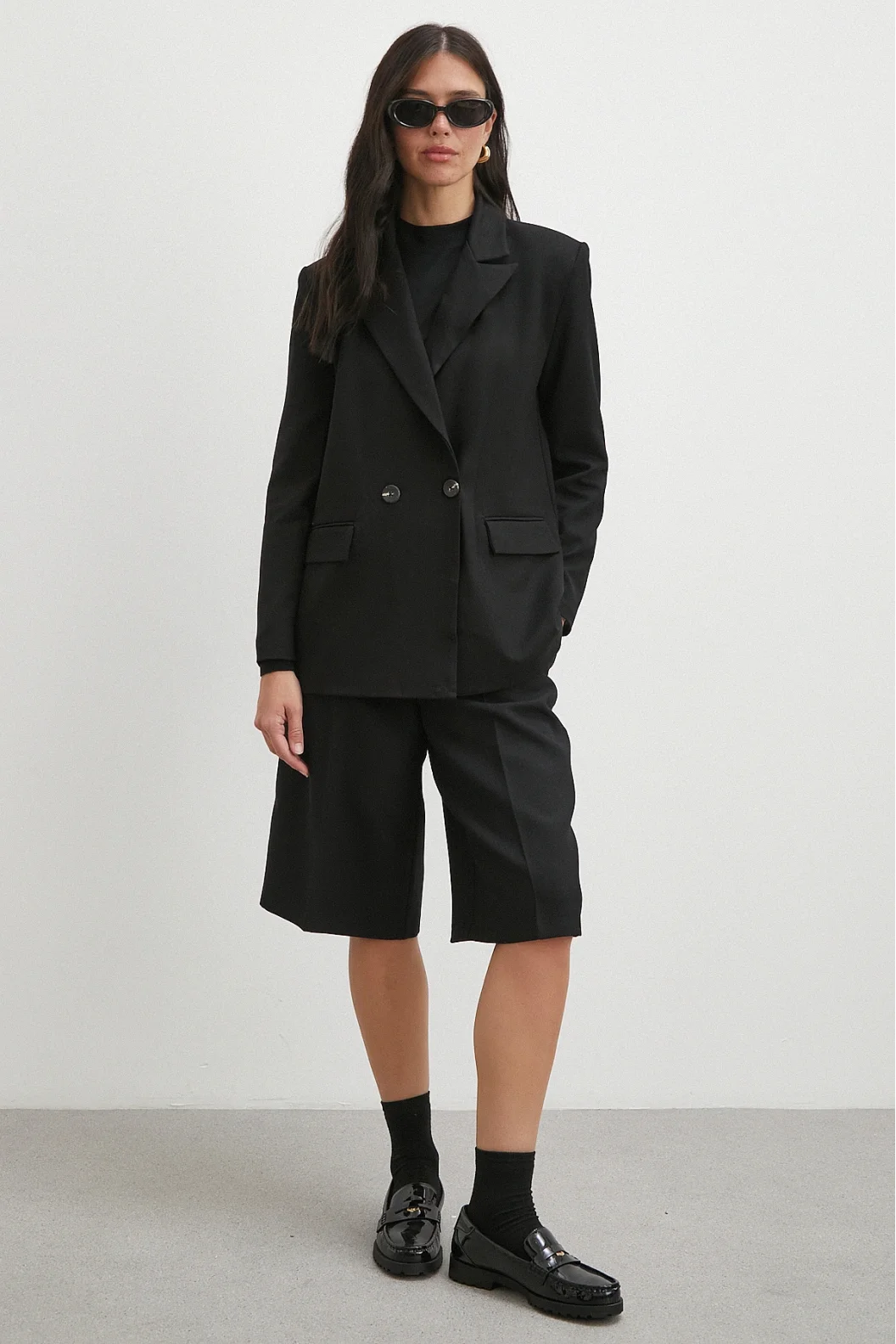 Çift Dügmeli Cep Kapaklı Blazer Ceket Siyah