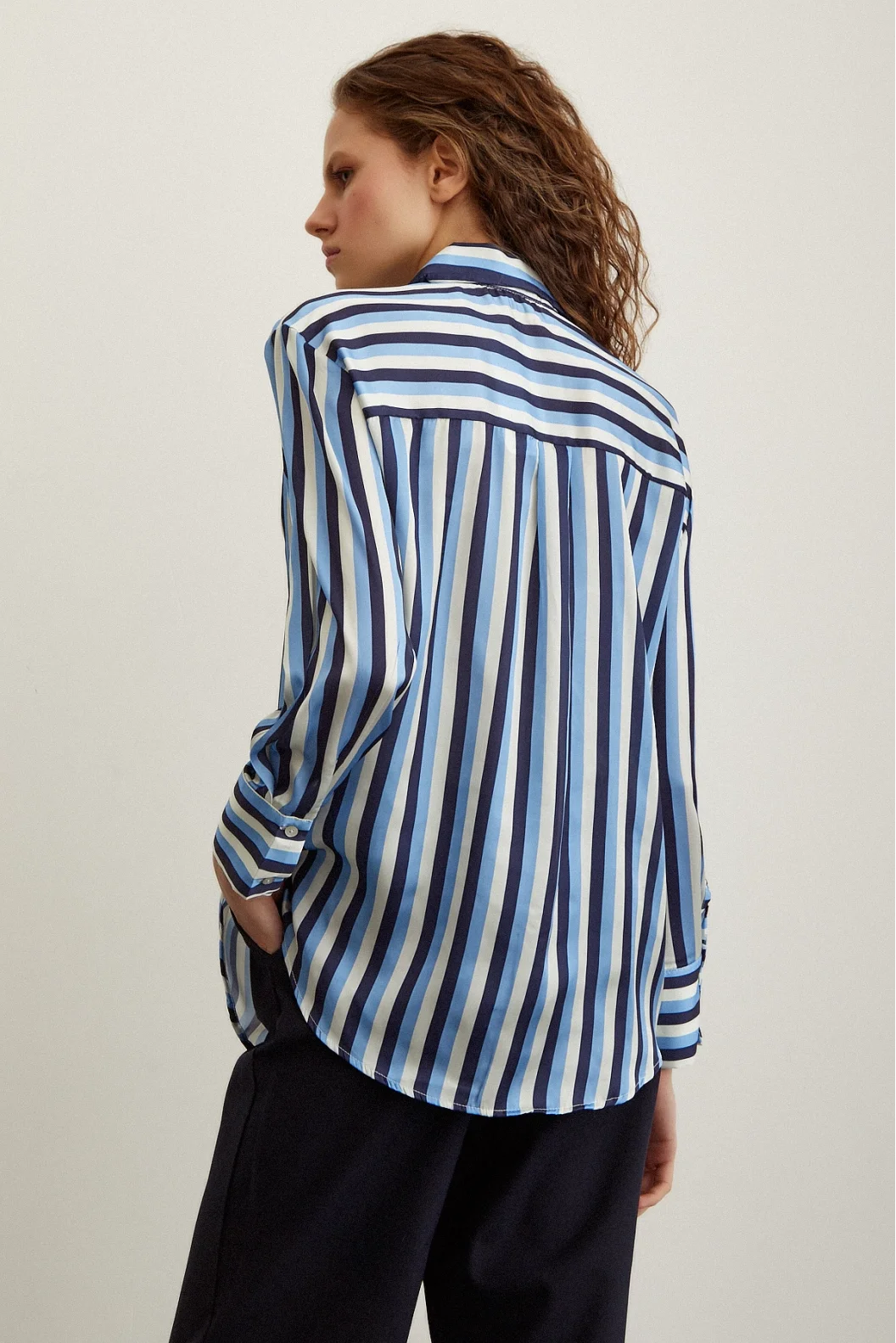 Striped Satin Shirt Navy