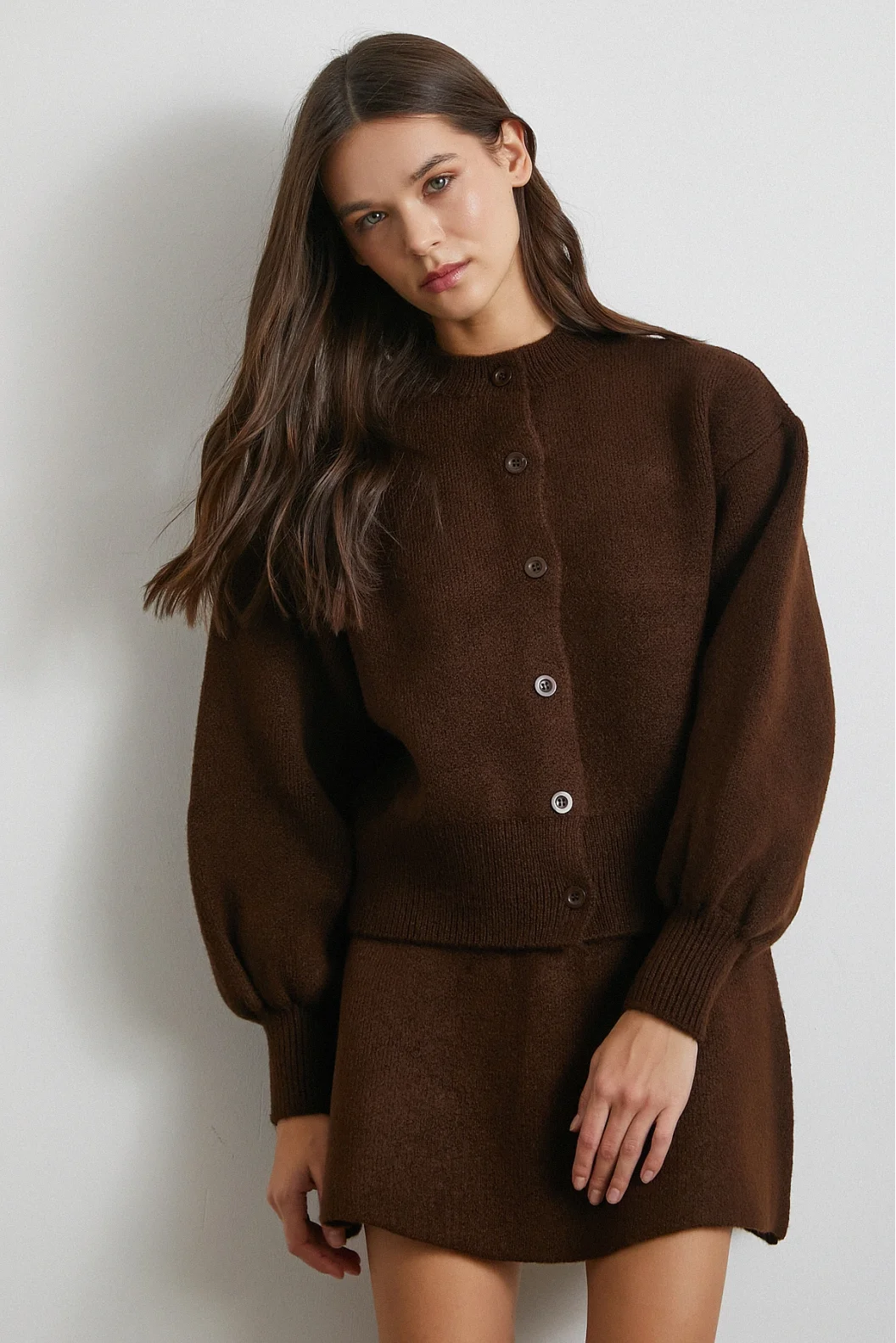 Hırka Etek Triko Takım Kahve