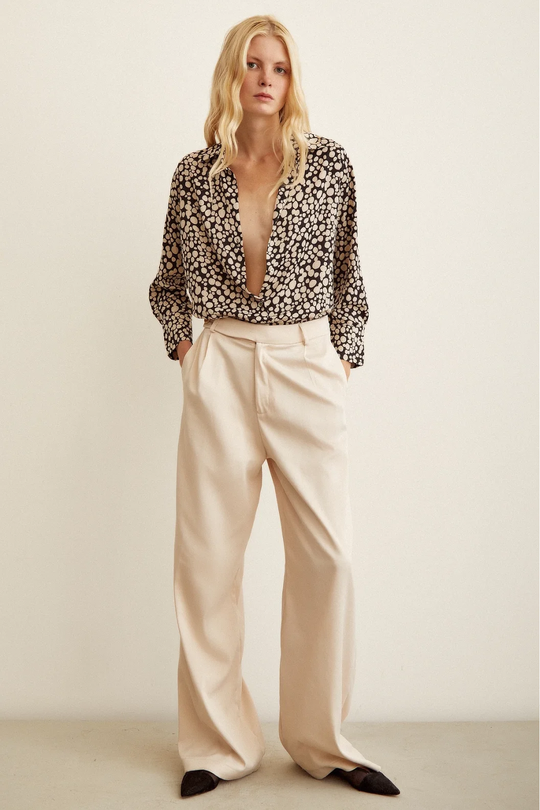 Polka Dot Patterned Satin Shirt Black