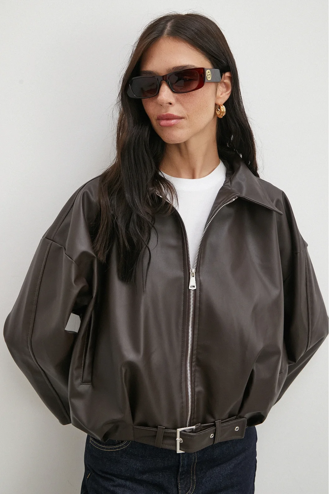 Yakalı Kemer Detaylı Deri Ceket Kahve