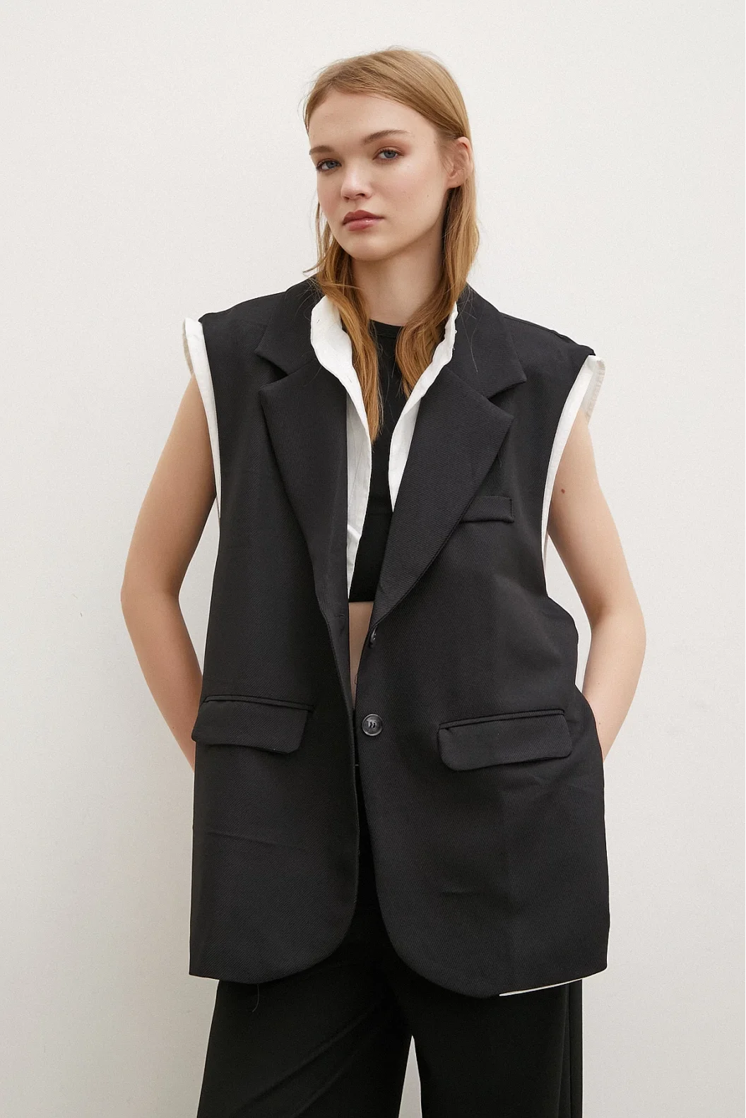Shawl Collar Shirt Vest Black