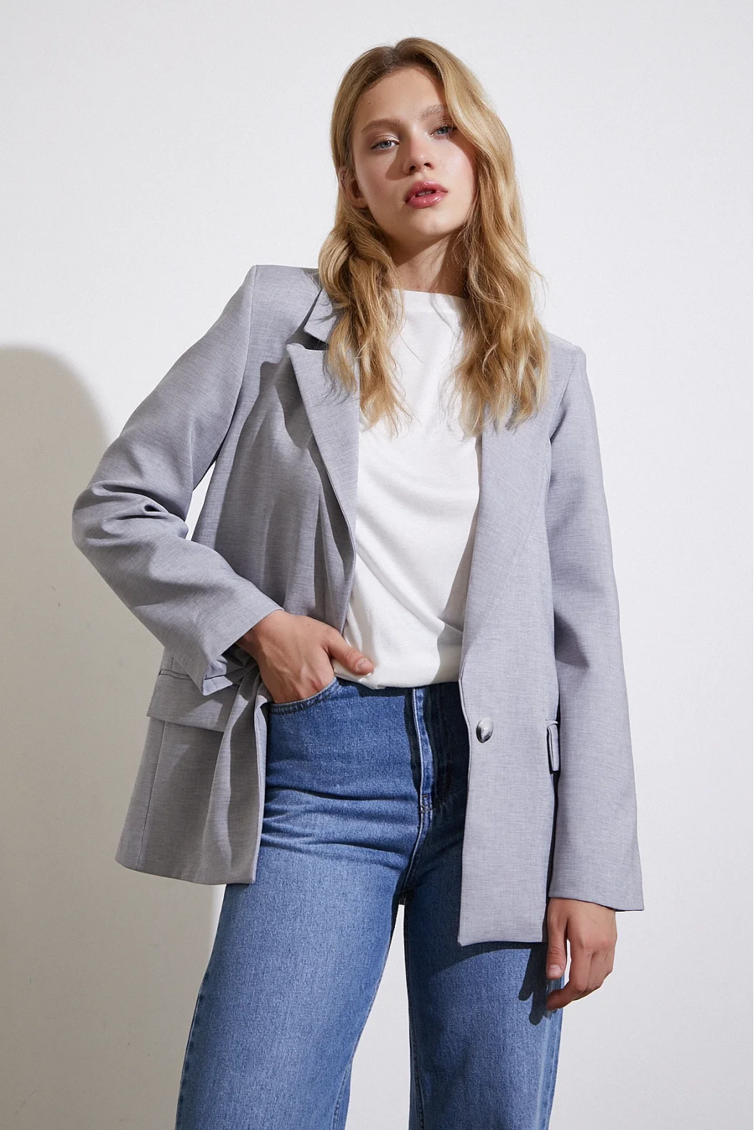 Single Button Blazer Jacket Grey