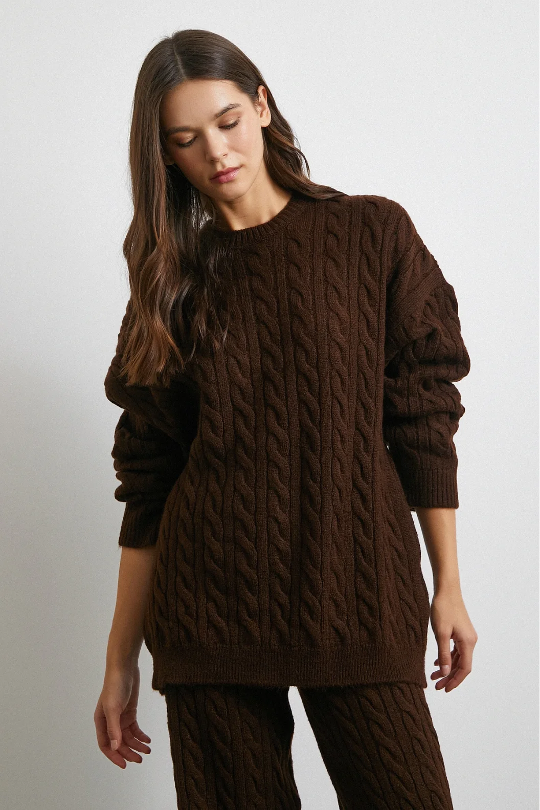 Desenli Şardonlu Triko Takım Kahve