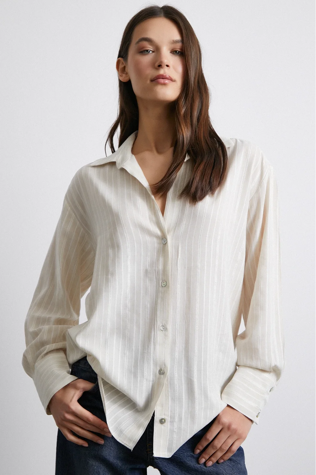 Cotton Glitter Striped Shirt Cream
