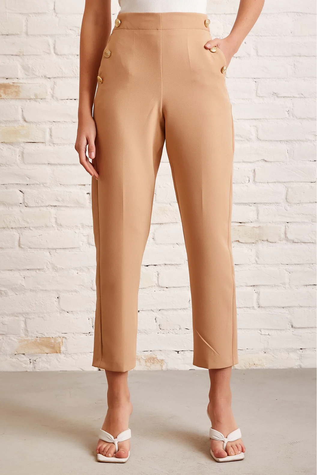 Button Detailed Slim Fit Pants Beige