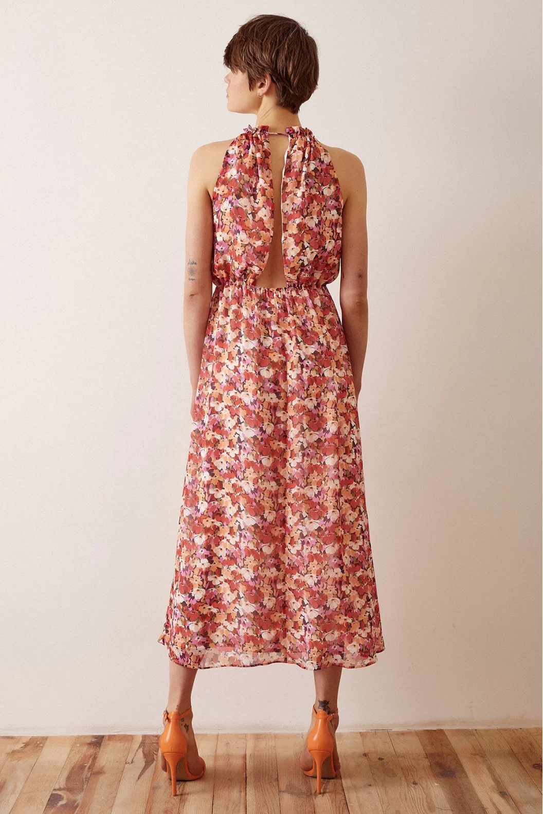 Floral Patterned Strappy Dress Cream