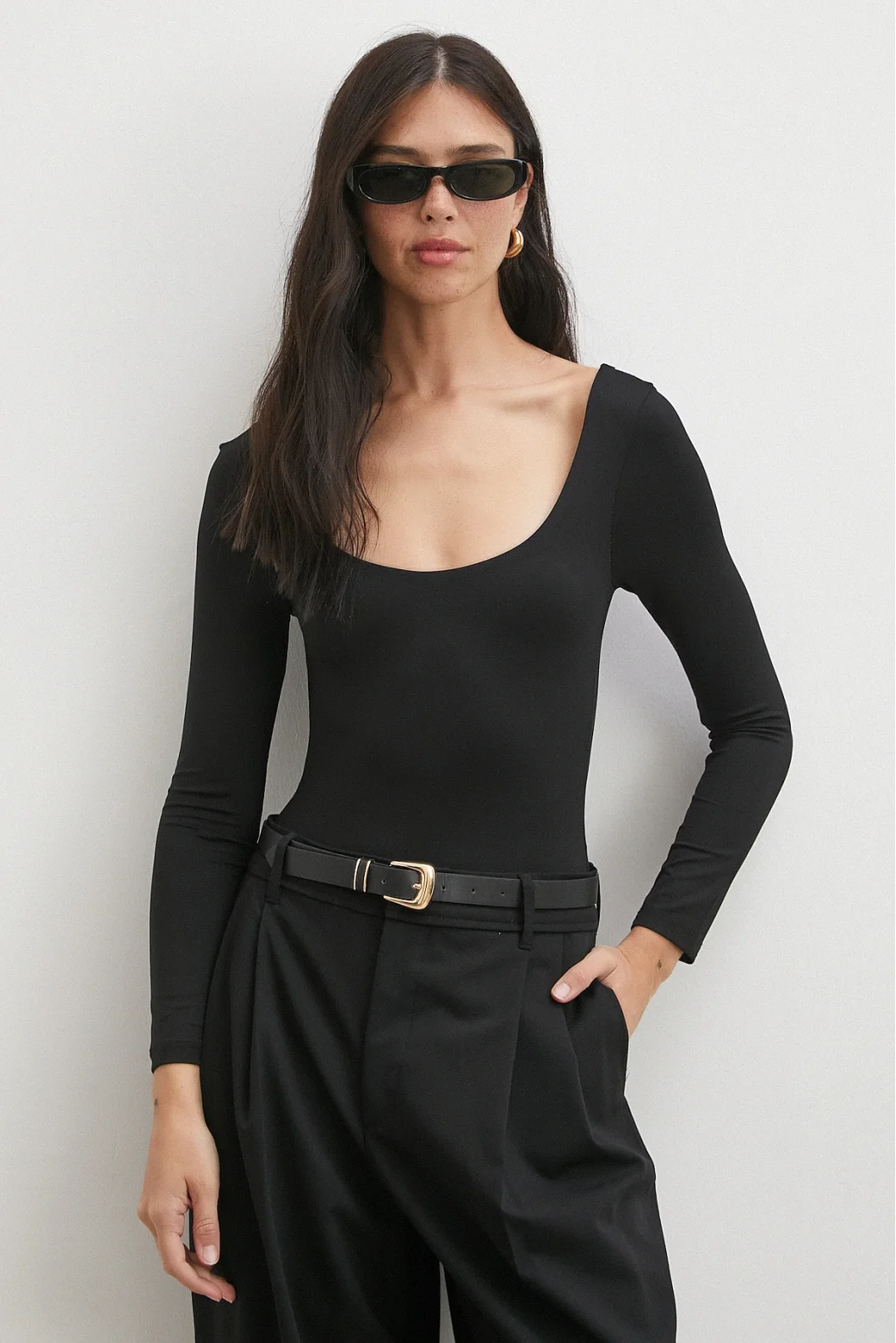 U Yaka Uzun Kollu Çıtçıtlı Bodysuit Siyah