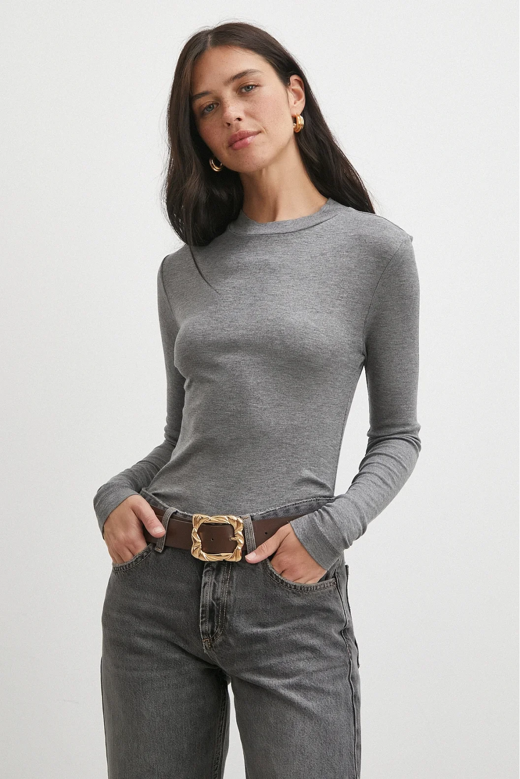 Bisiklet Yaka Uzun  Kol Bluz Gri