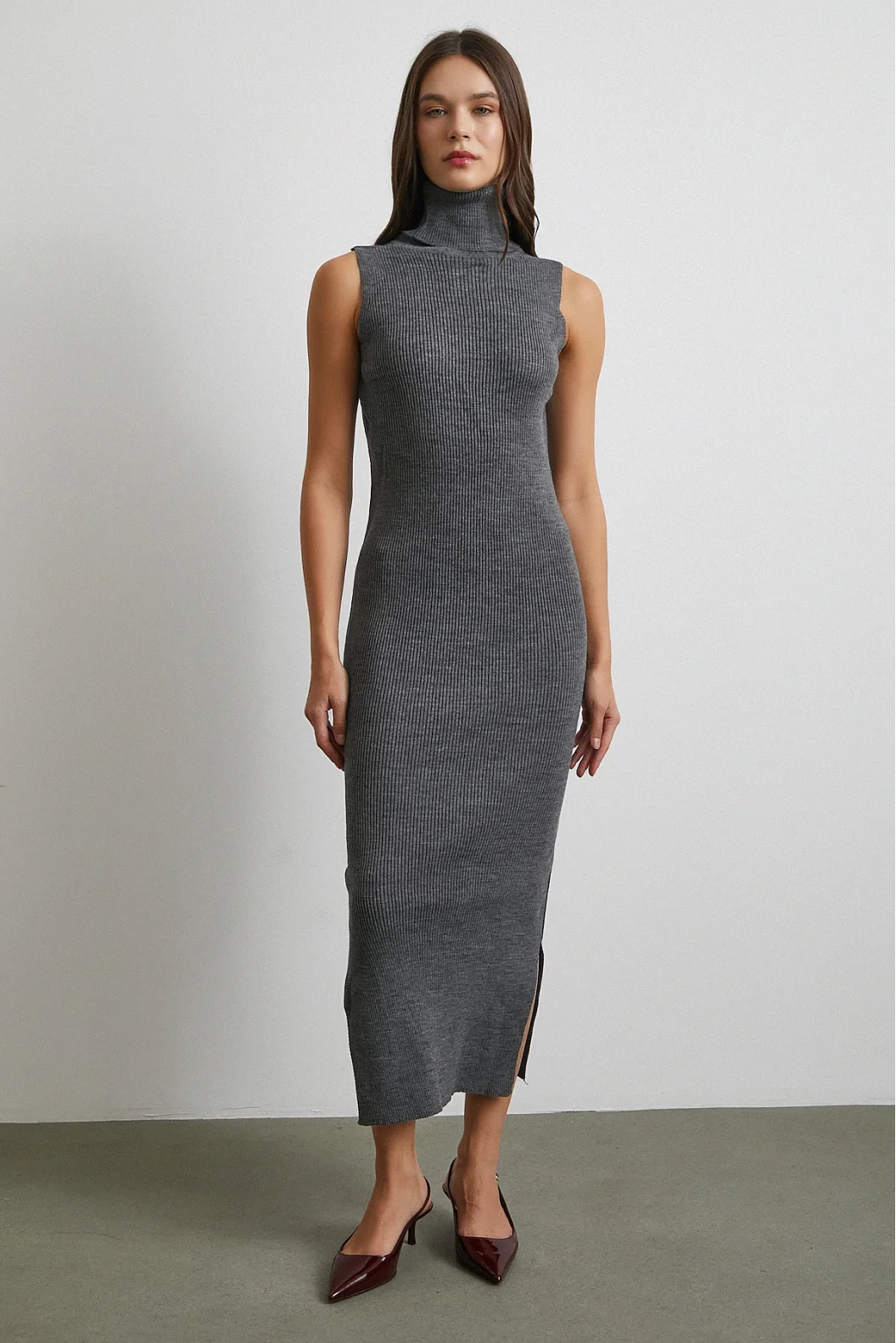 Uzun Elbiseli Hırka Triko Takım Gri