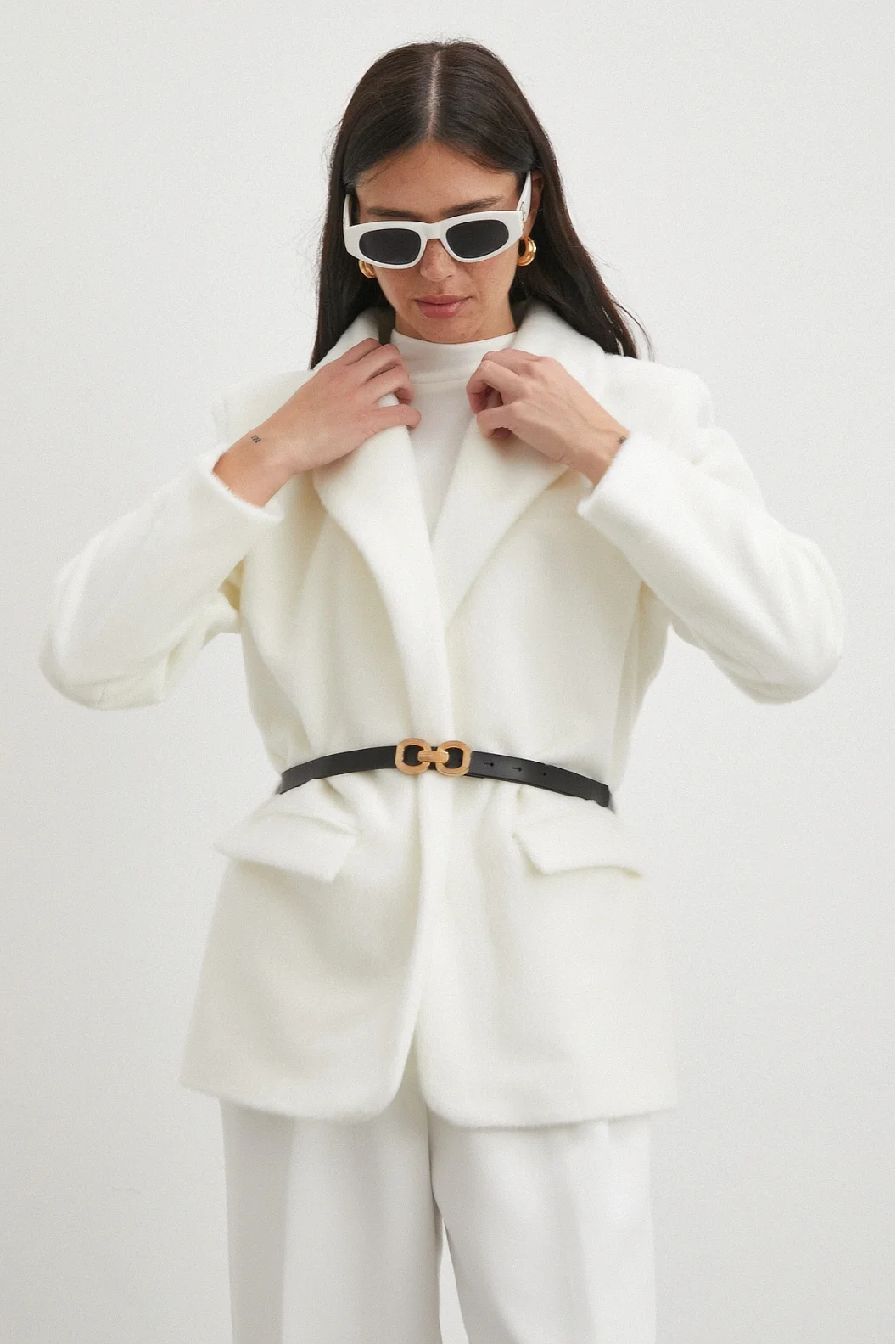 Kemerli Tay Flock Ceket Beyaz