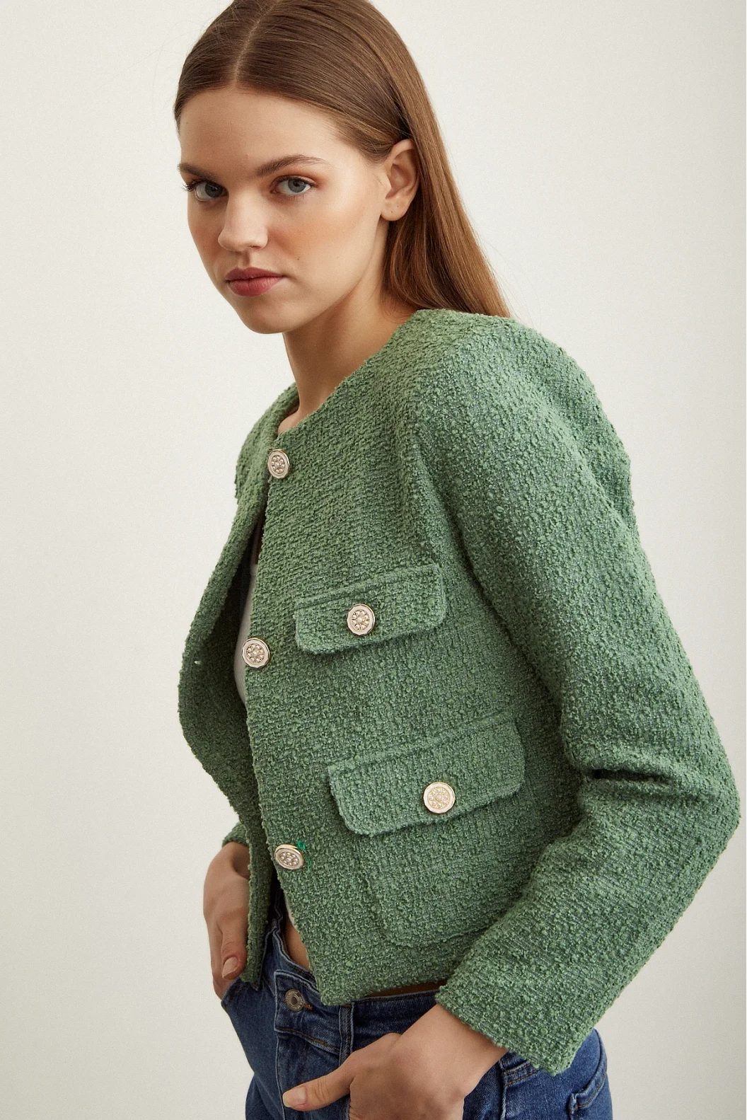 Button Detail Tweed Jacket Green