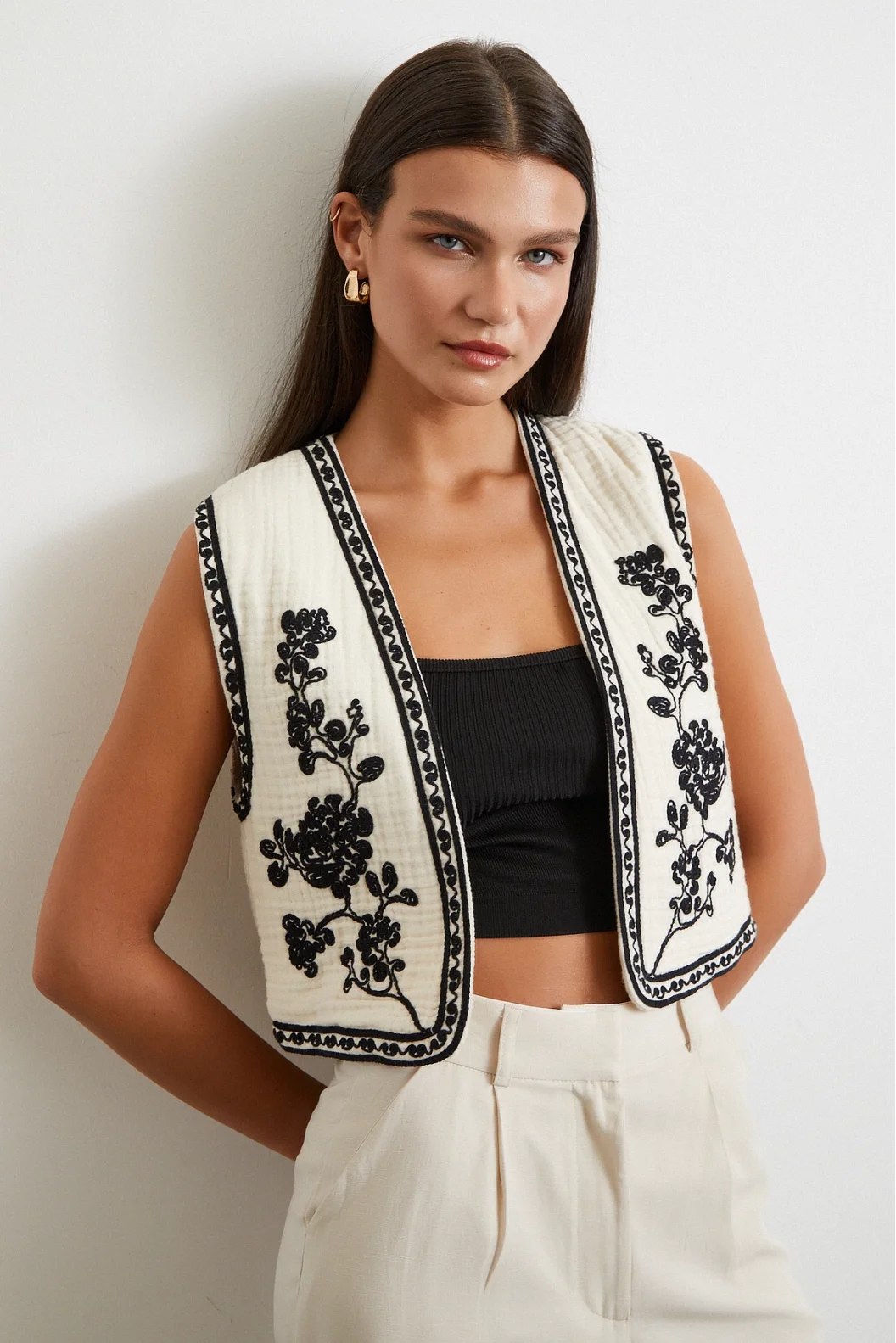 Nakışlı Oversize Yelek Krem
