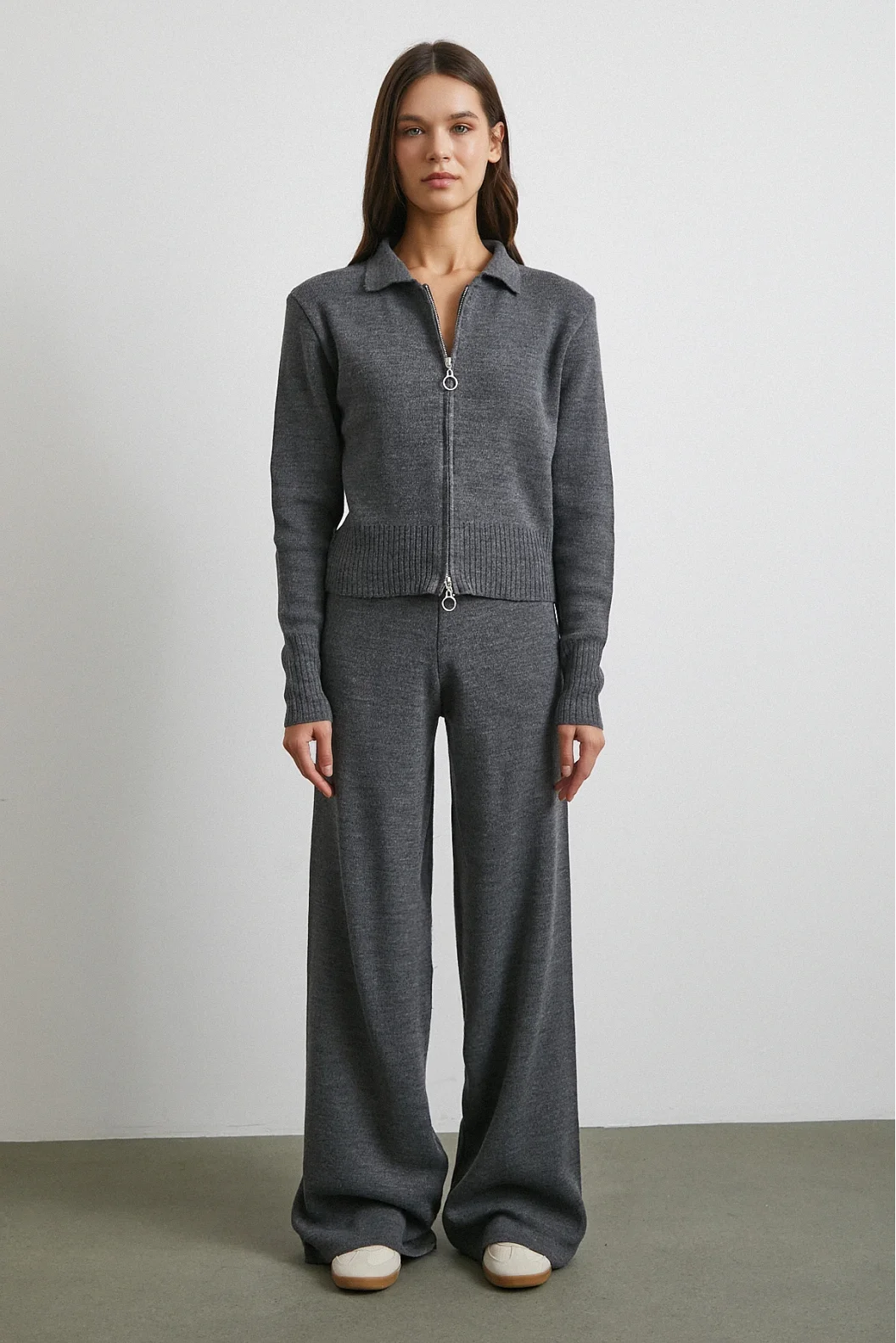 Çift Fermuarlı Hırka Takım Gri