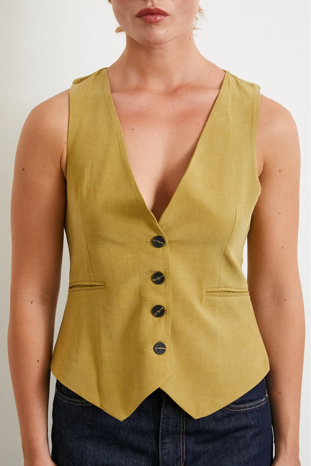 Cep Kapaklı Keten Yelek Olive