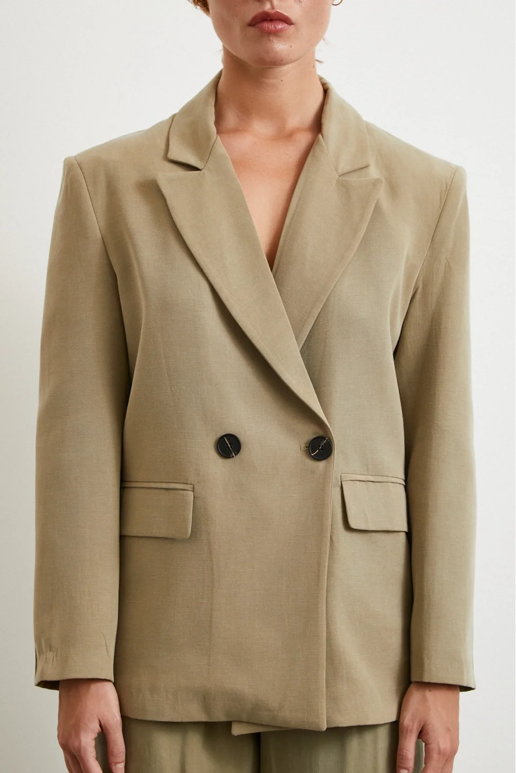 Çift Düğmeli Keten Blazer Ceket Haki