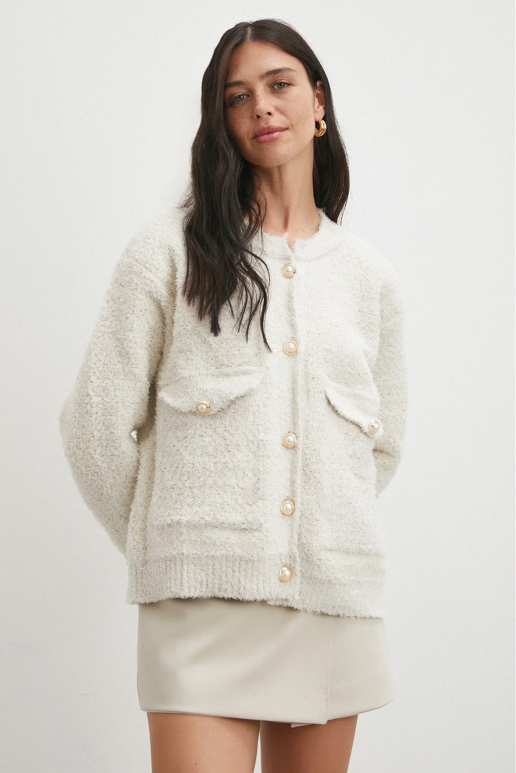 Cepli Düğmeli Simli Hırka Ekru