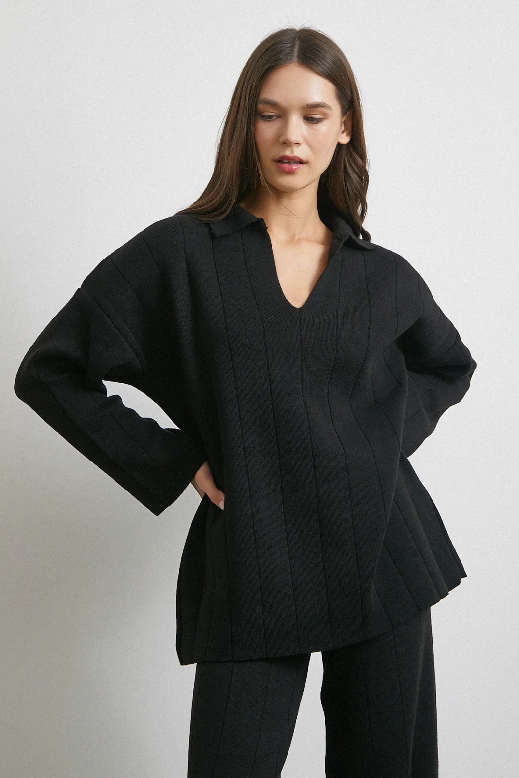 Polo Yaka Pantolonlu Triko Takım Siyah