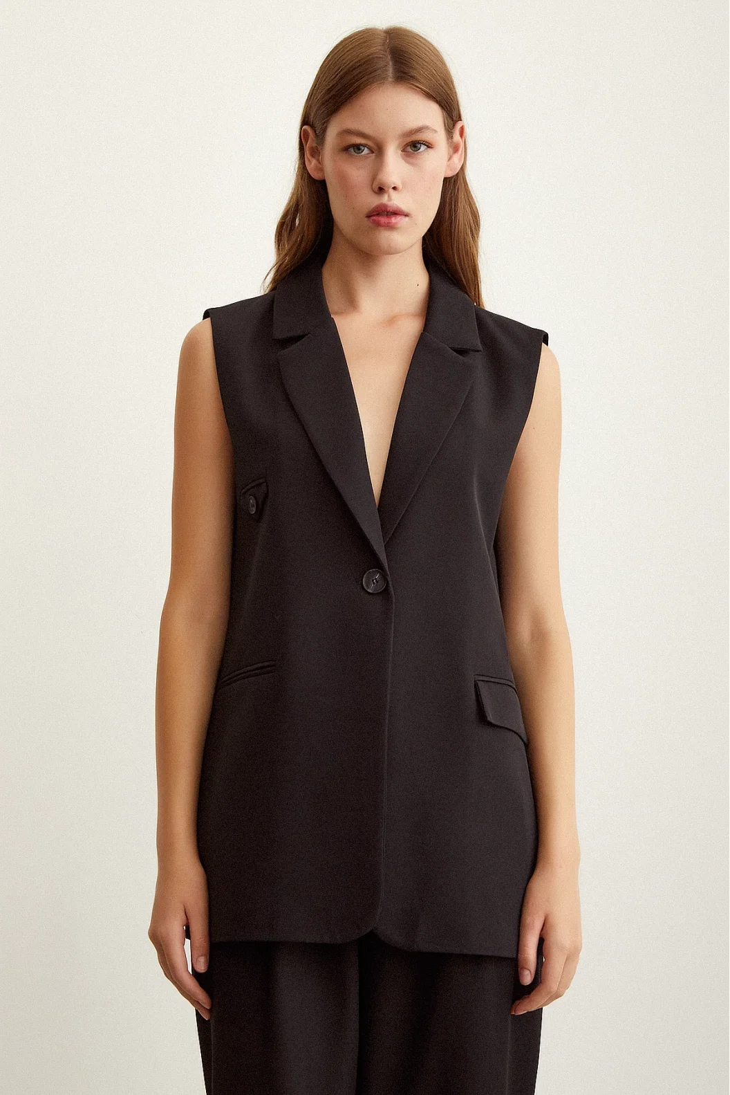 Buttoned Long Vest with Pocket - Black