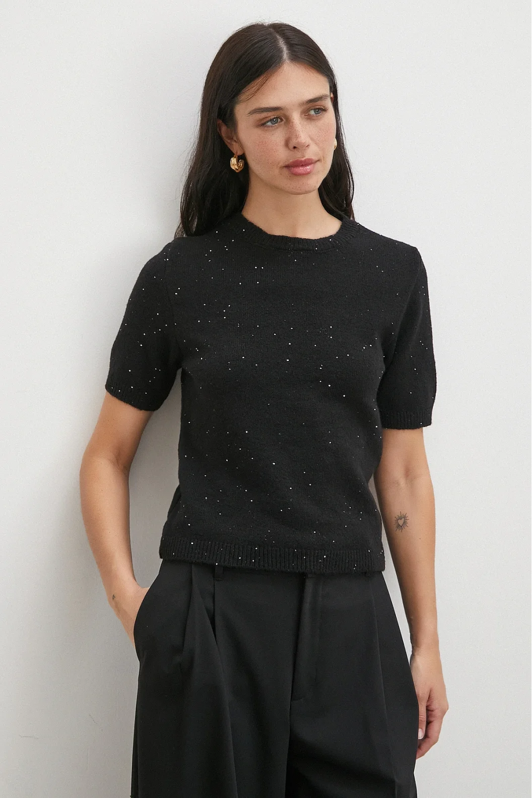 Simli Kısa Kol Kazak Siyah