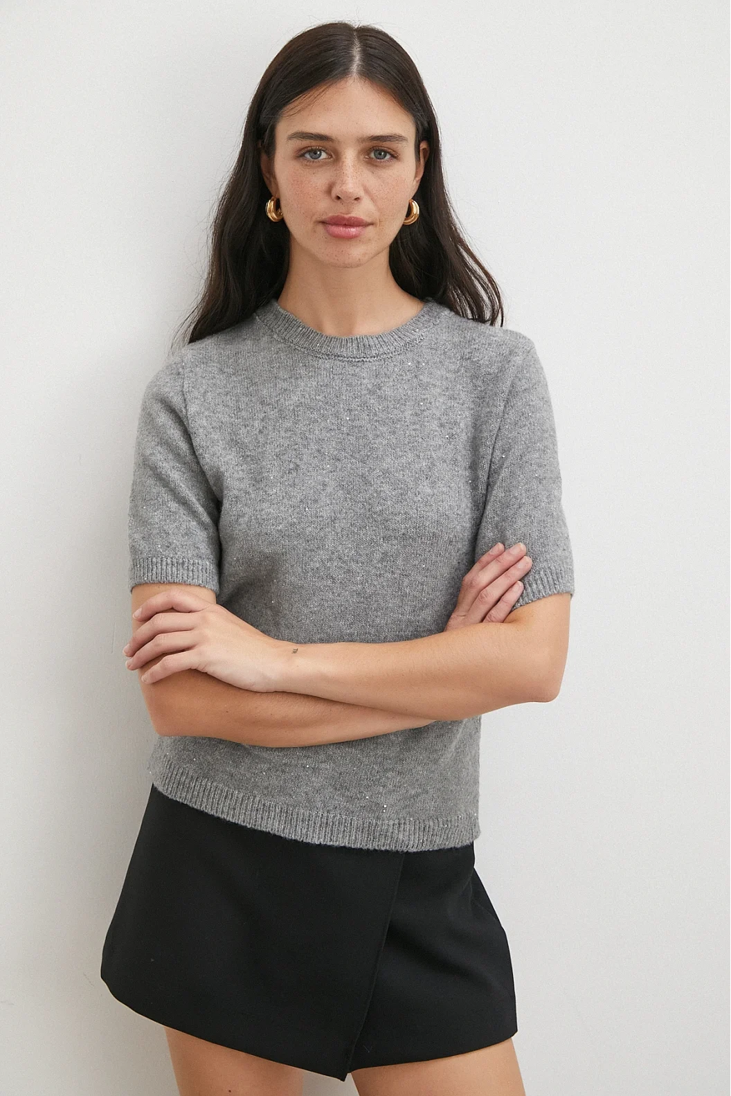 Simli Kısa Kol Kazak Gri