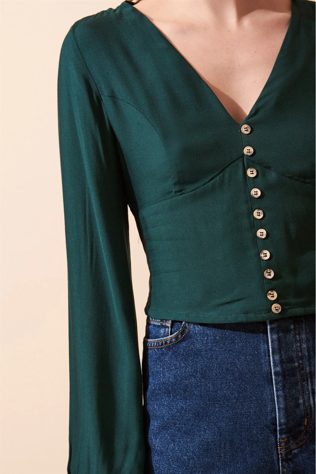 Button Detailed V-Neck Long Sleeve Blouse Green