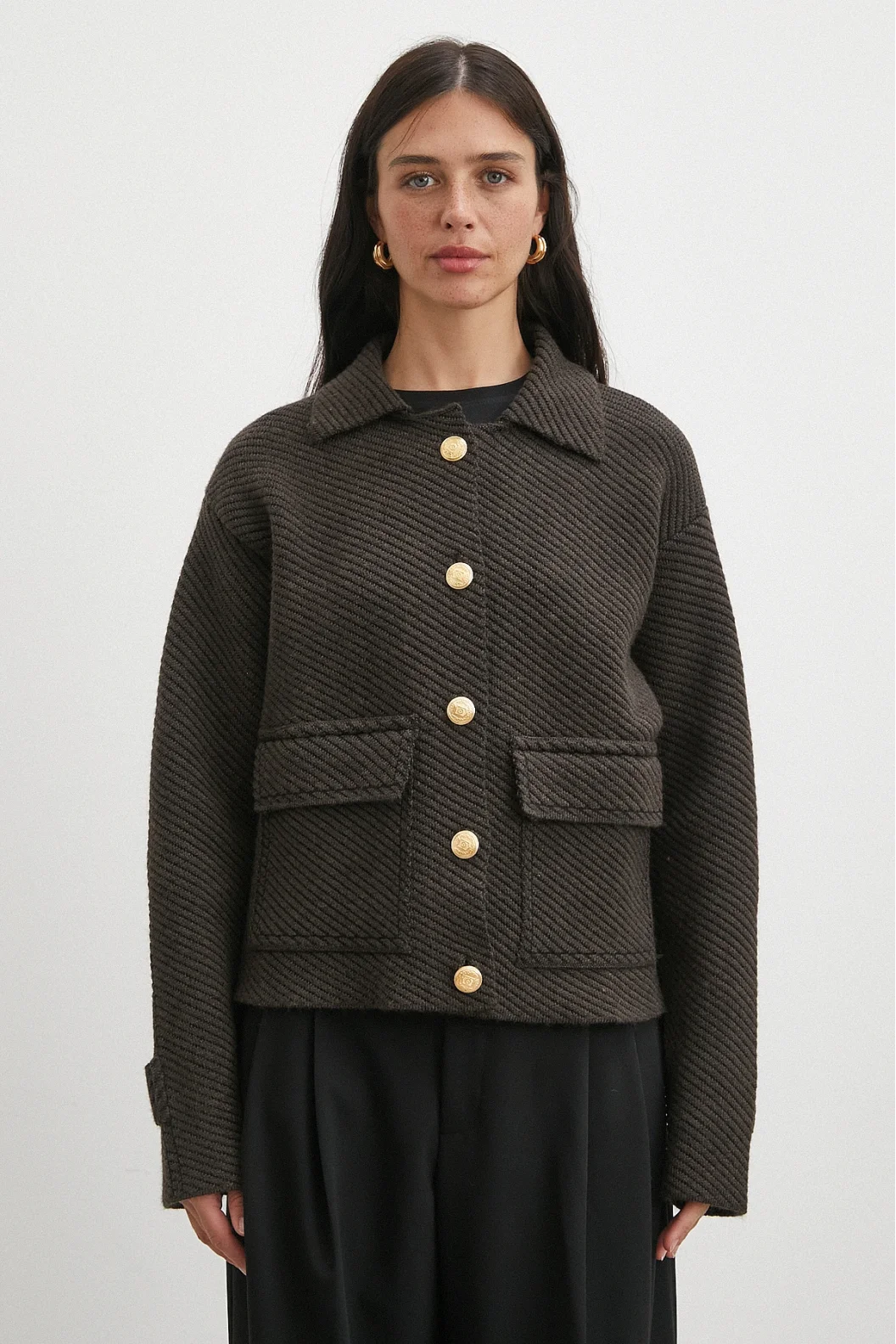 Polo Yaka Cepli Gold Düğmeli Ceket Kahve