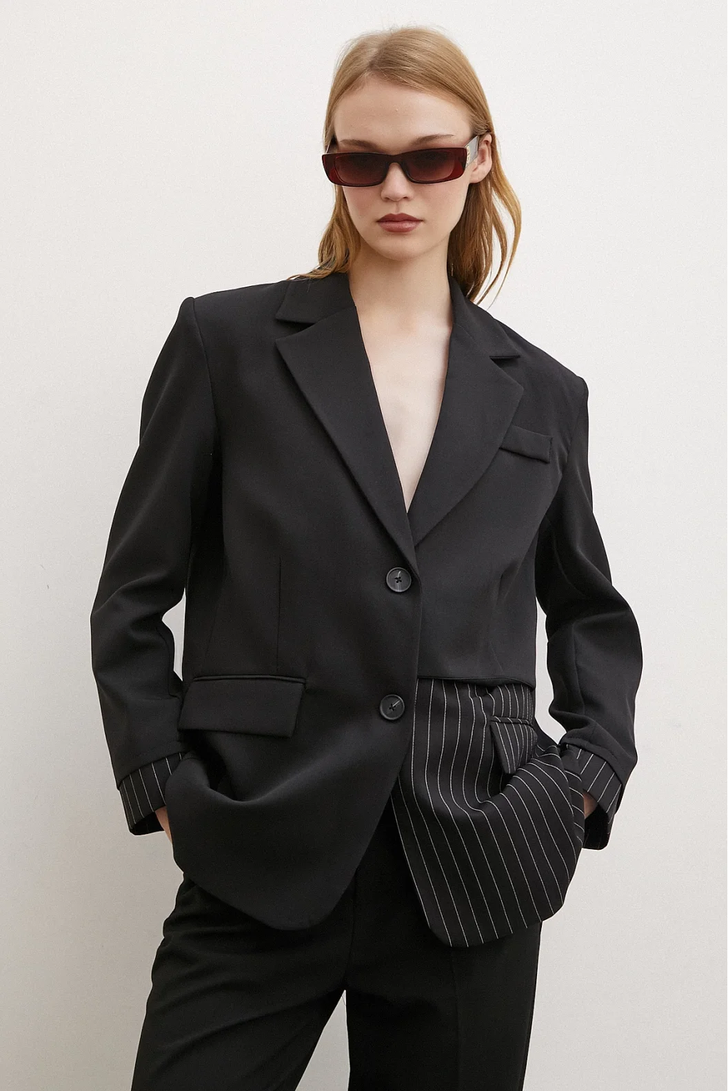 Line Detailed Double Buttoned Blazer Jacket Black
