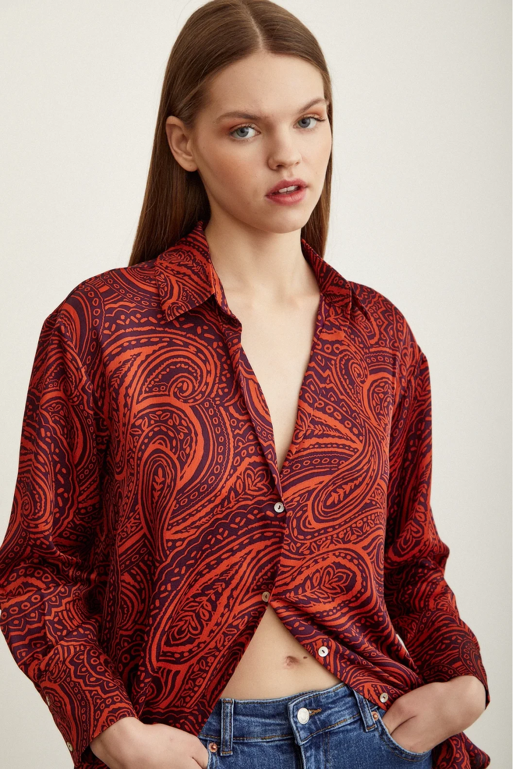 Patterned Satin Shirt Orange