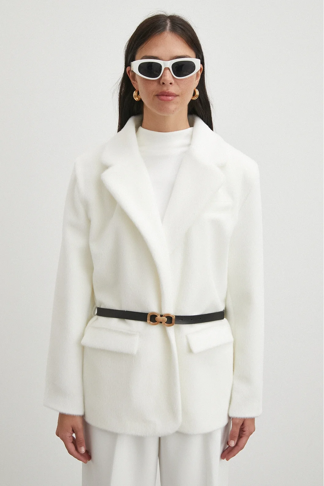 Kemerli Tay Flock Ceket Beyaz