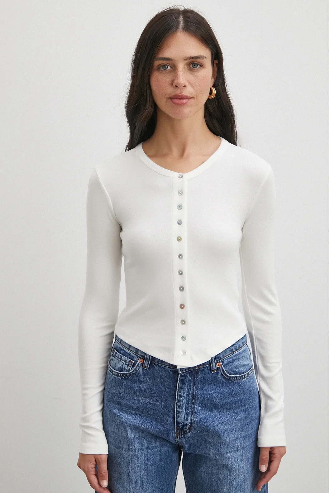 Düğmeli Uzun Kol Bluz Beyaz