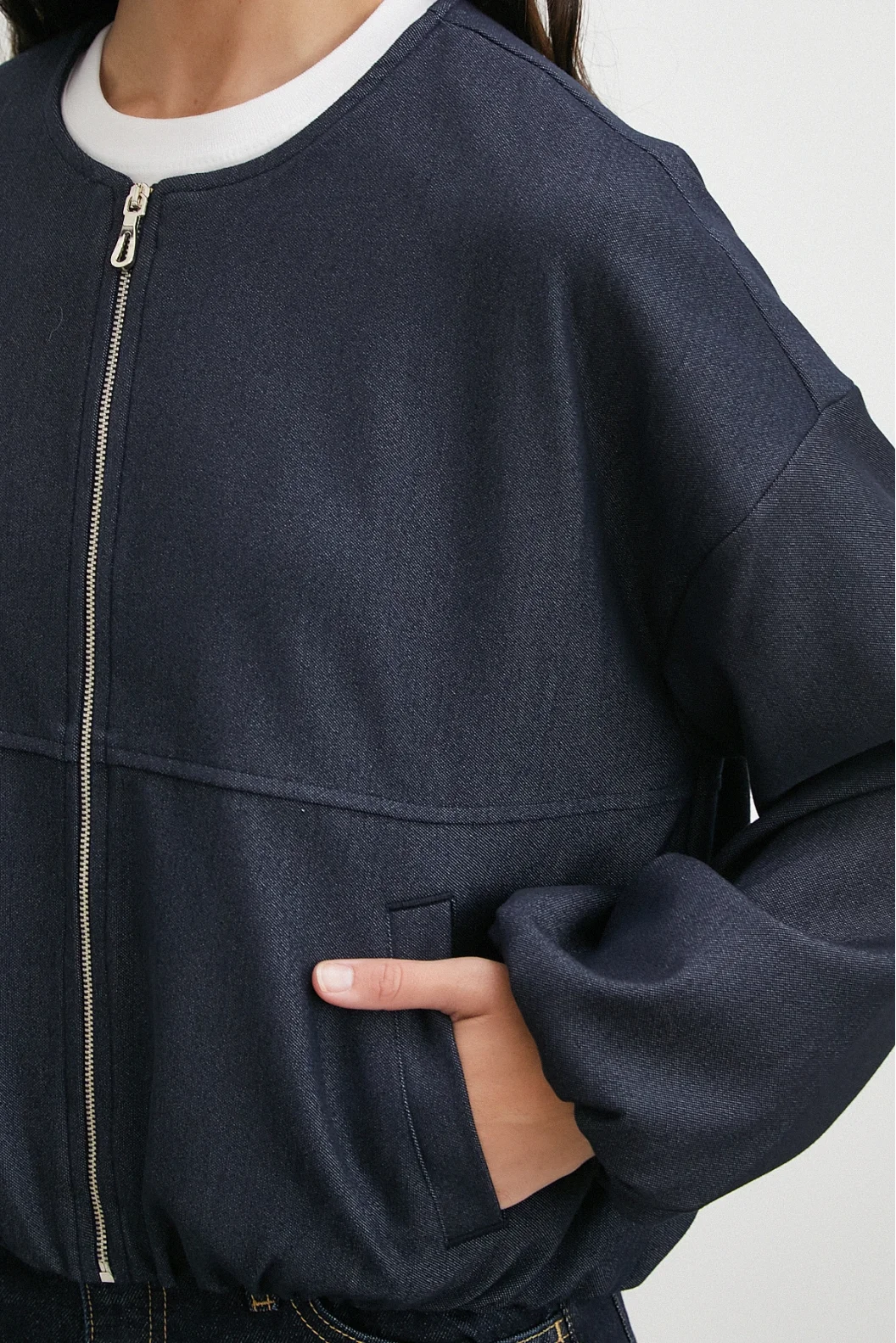 Beli Lastikli Fermuarlı Denim Görünümlü Bomber Ceket Lacivert