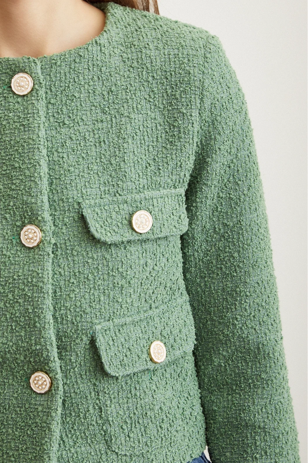 Button Detail Tweed Jacket Green