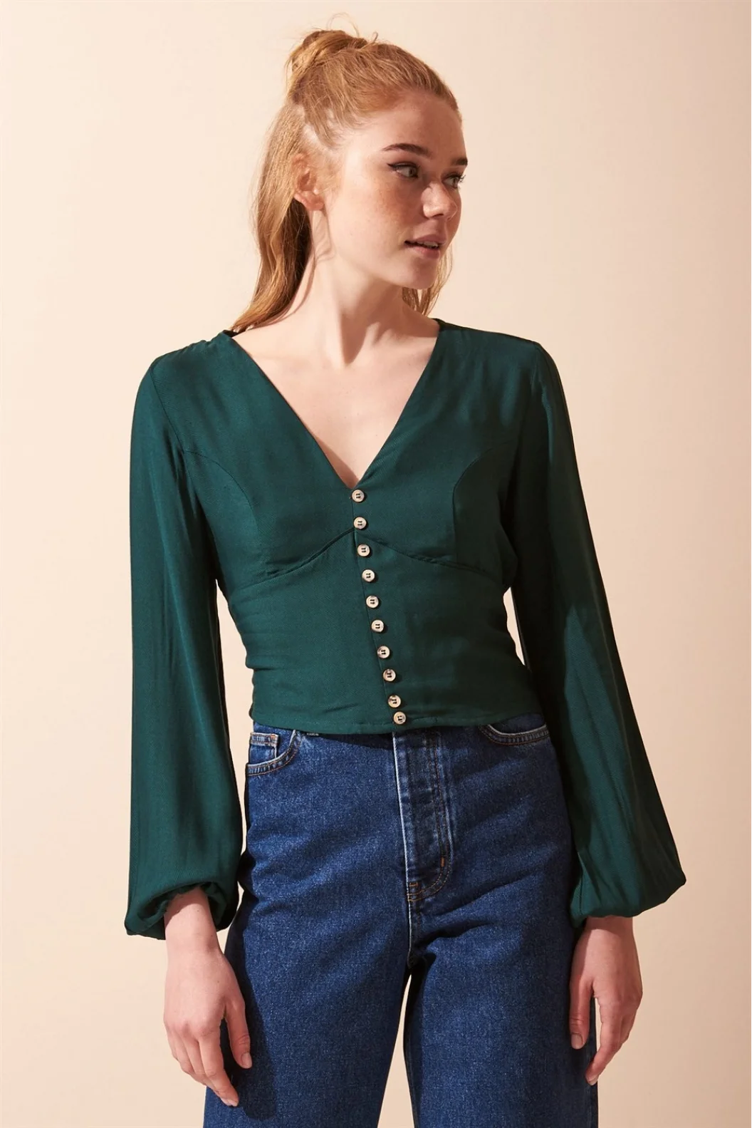 Button Detailed V-Neck Long Sleeve Blouse Green