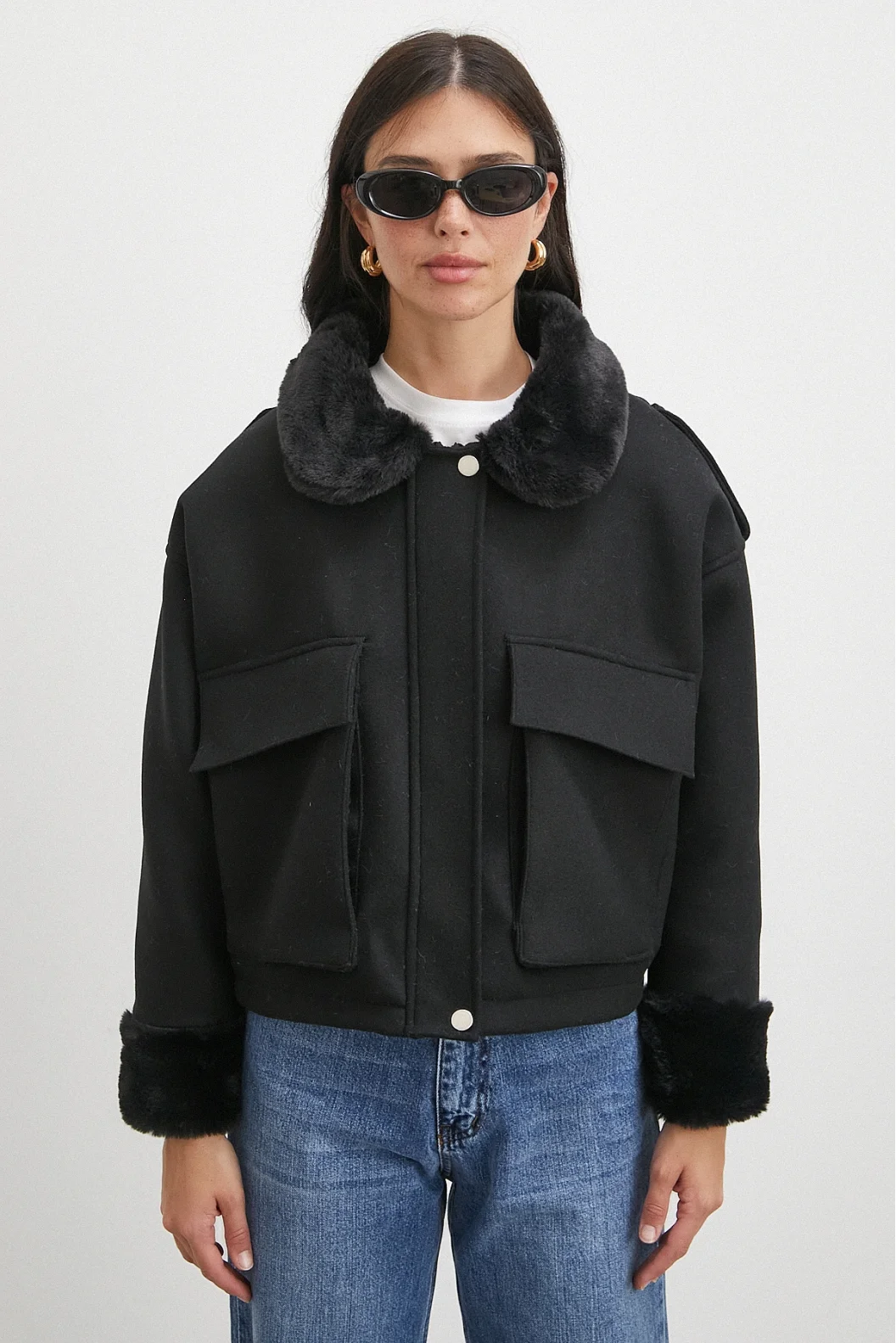 Apoletli Yünlü Körük Cepli Kaşe Mont Siyah