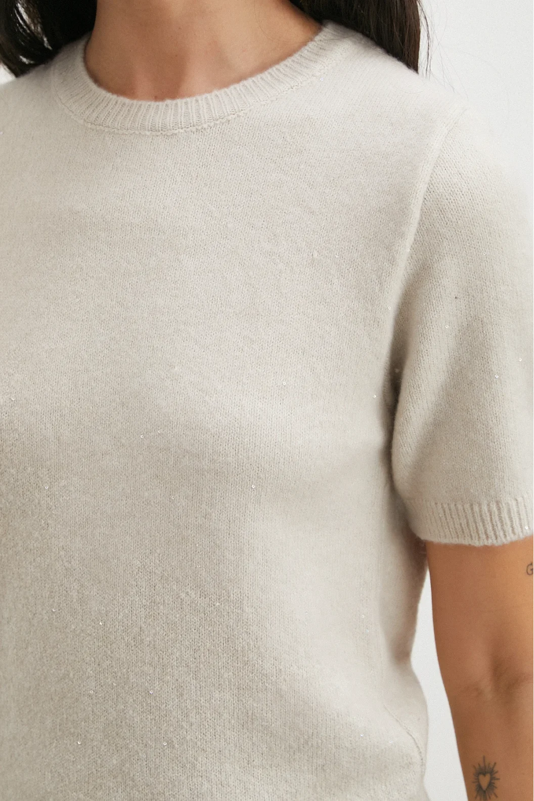 Simli Kısa Kol Kazak Bej