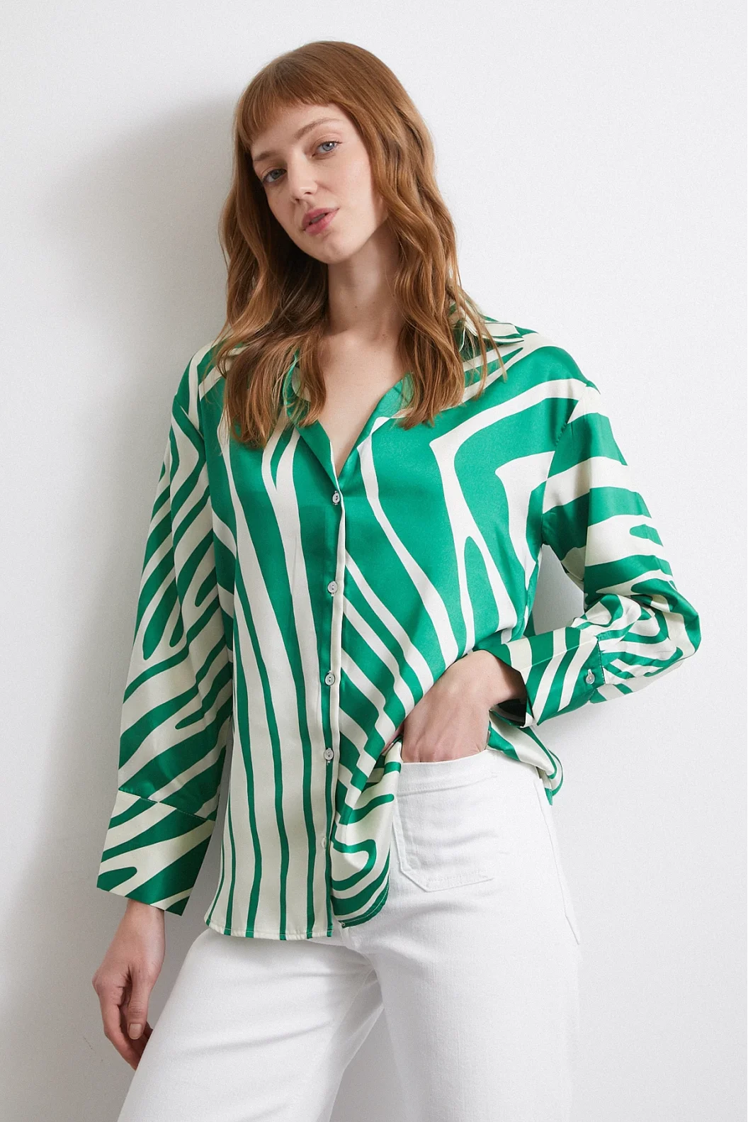 Zebra Pattern V Neck Shirt Green
